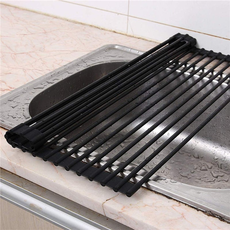 Ahyuan Large Roll up Dish Drying Rack Foldable Dish Rack Over Sink Dish Drainer Roll-up Sink Drying Rack Full Silicone Coated Stainless Still Dish Drying Rack (Matte Black, 17.7''X13.13'') - Image 2